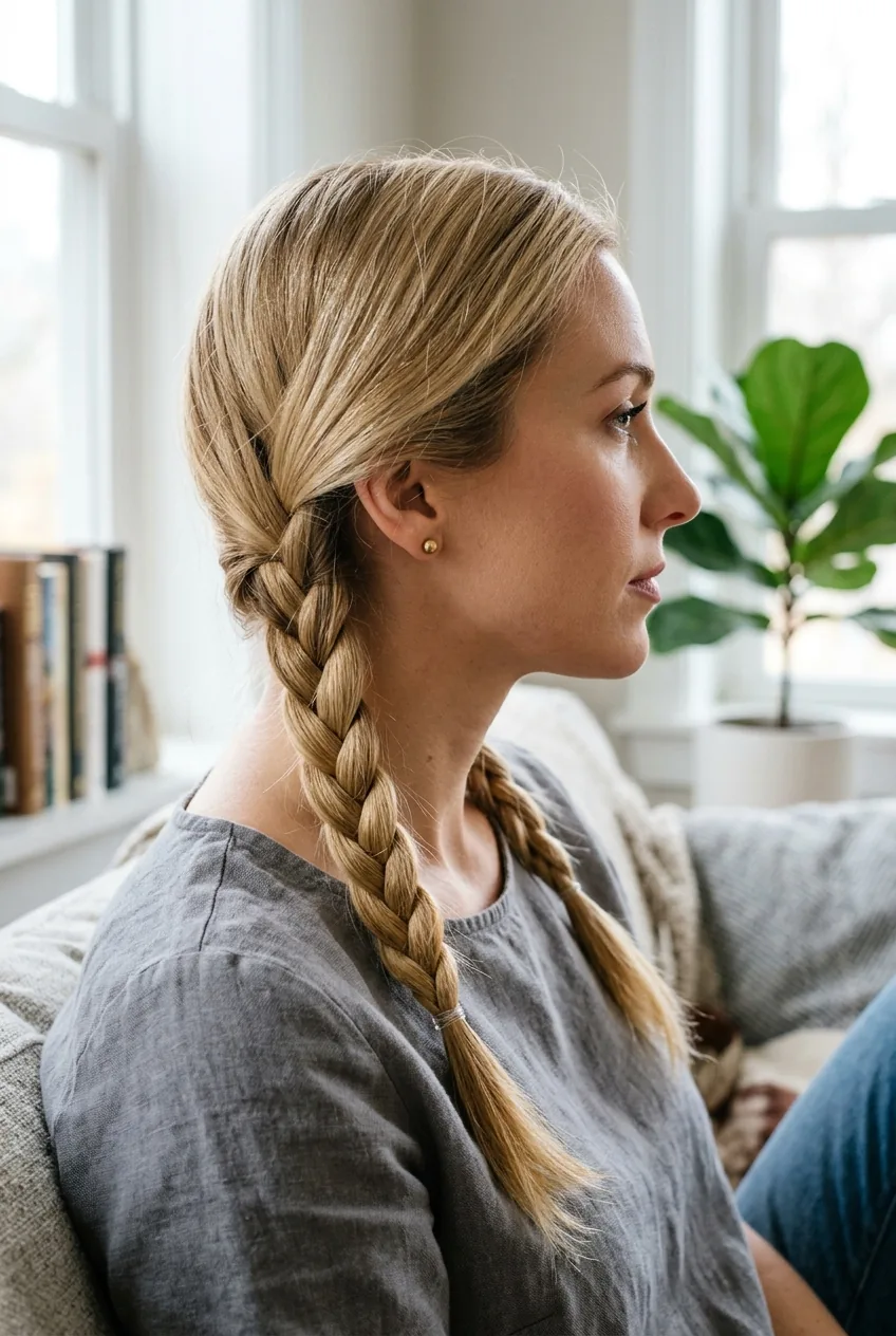 Woman with simple blonde side braids in casual natural lighting showing basic three-strand technique
