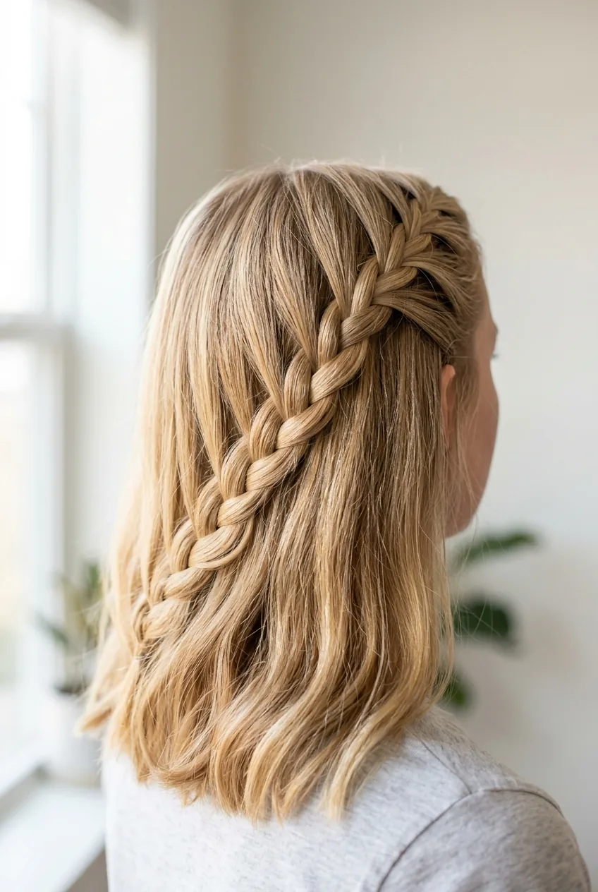 Woman with simple diagonal side French braid showing loose beginner-friendly weaving pattern