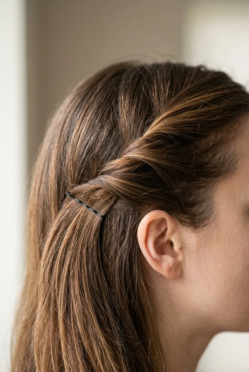 Simple side twist in natural brown hair showing twist secured behind ear with bobby pin