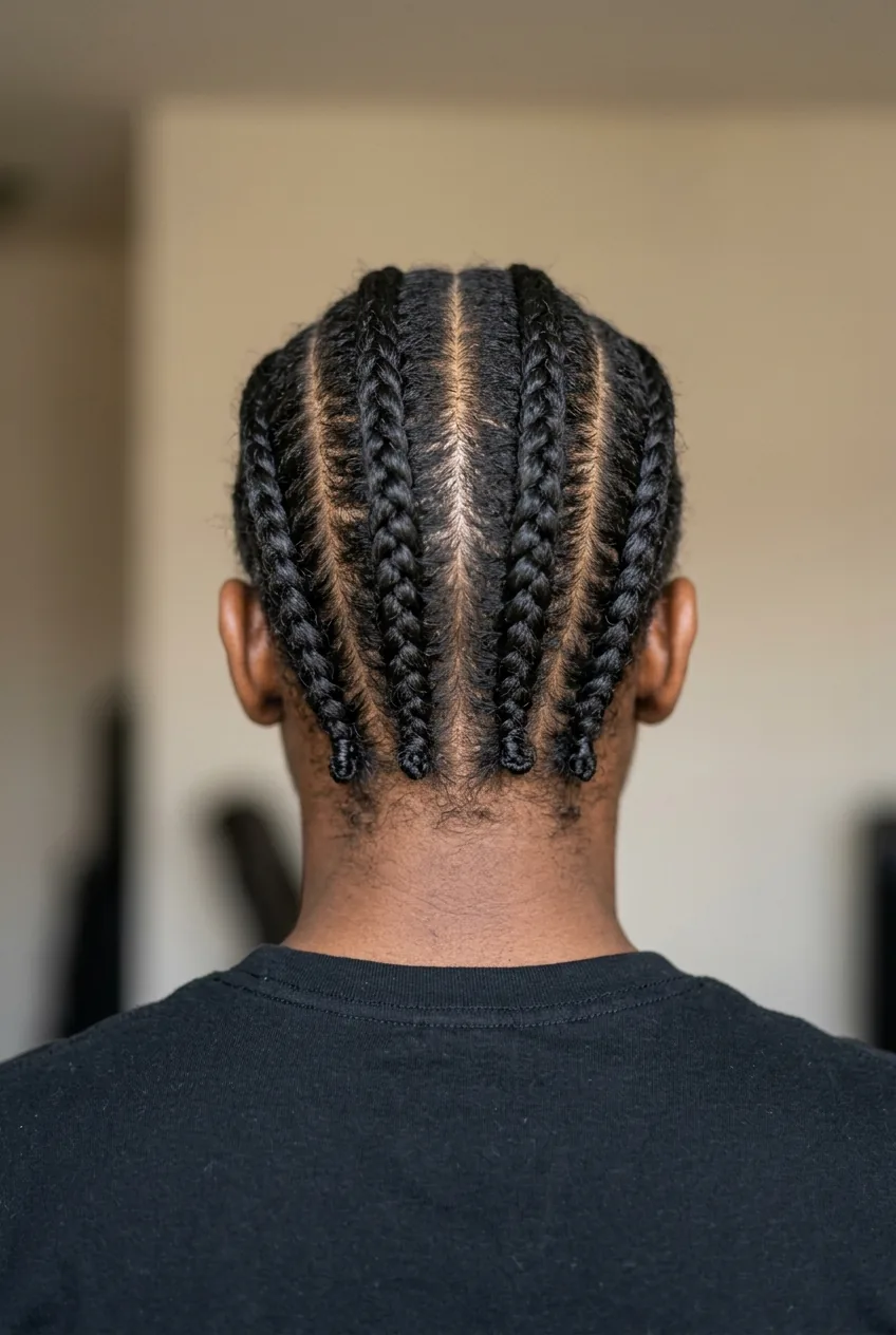 Five simple straight-back cornrows showing classic protective styling technique
