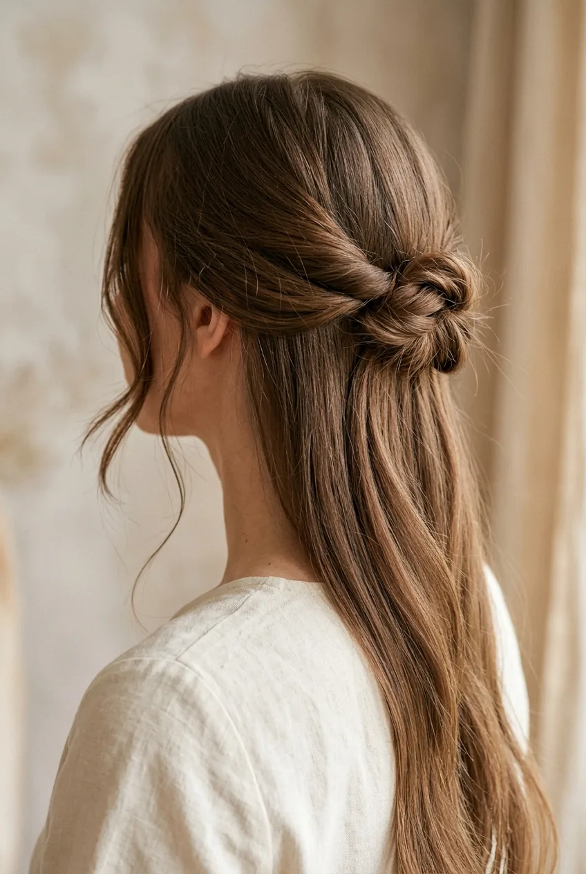 Simple twisted knot half up style with deliberately loose twist and face-framing pieces