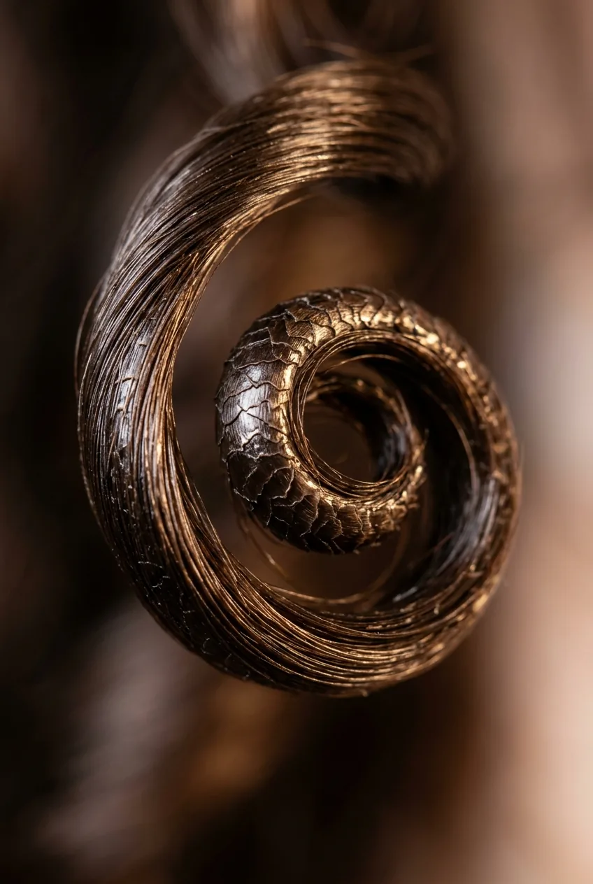 Extreme macro closeup of single defined spiral curl showing hair cuticle and light reflection