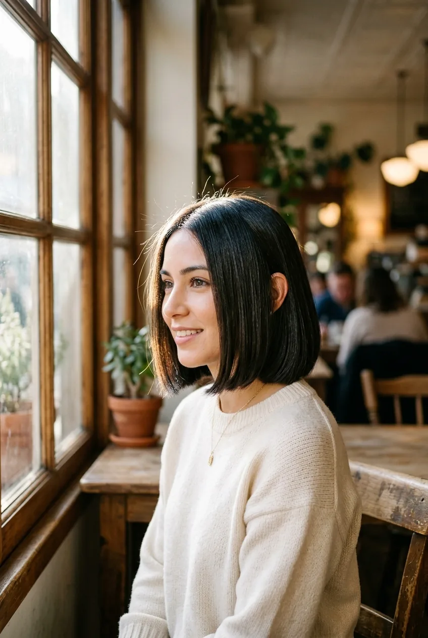 Woman wearing perfectly sleek bob with mirror-like shine and precise geometric edges