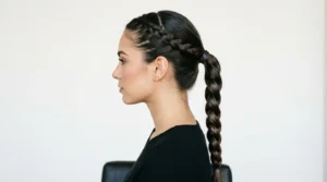 Woman showing braided ponytail from side profile with Dutch braid foundation leading to classic three-strand braid