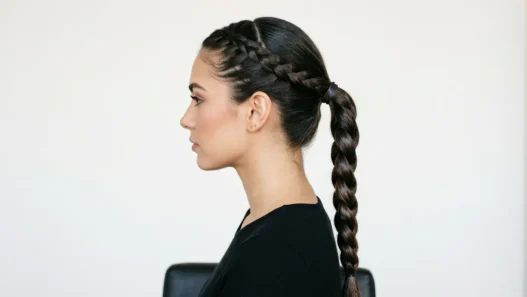 Woman showing braided ponytail from side profile with Dutch braid foundation leading to classic three-strand braid