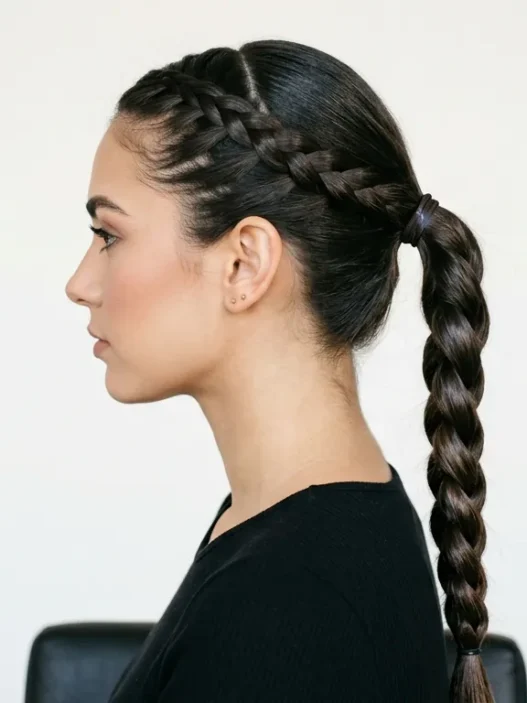 Woman showing braided ponytail from side profile with Dutch braid foundation leading to classic three-strand braid