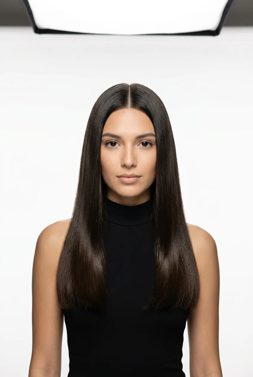 Woman with perfectly sleek center-parted hair showing precise part line and smooth texture