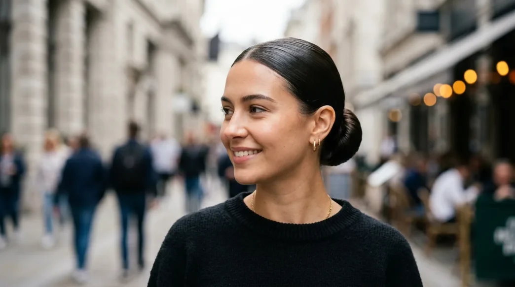 Woman with ultra-sleek low bun reflecting light like glass in natural daylight