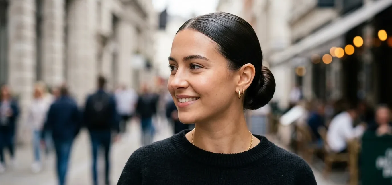 Woman with ultra-sleek low bun reflecting light like glass in natural daylight