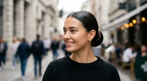 Woman with ultra-sleek low bun reflecting light like glass in natural daylight