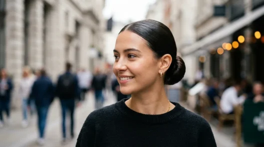 Woman with ultra-sleek low bun reflecting light like glass in natural daylight