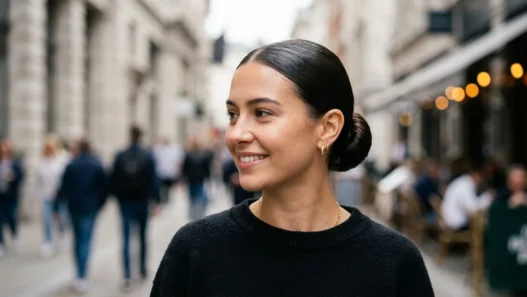 Woman with ultra-sleek low bun reflecting light like glass in natural daylight