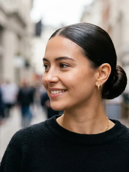 Woman with ultra-sleek low bun reflecting light like glass in natural daylight