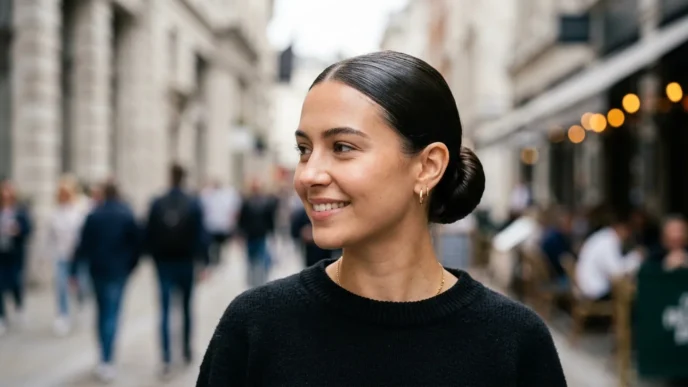 Woman with ultra-sleek low bun reflecting light like glass in natural daylight