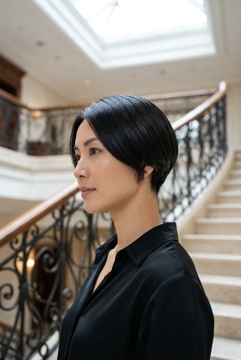Woman with sleek hair featuring subtle undercut layers creating sophisticated hidden dimension