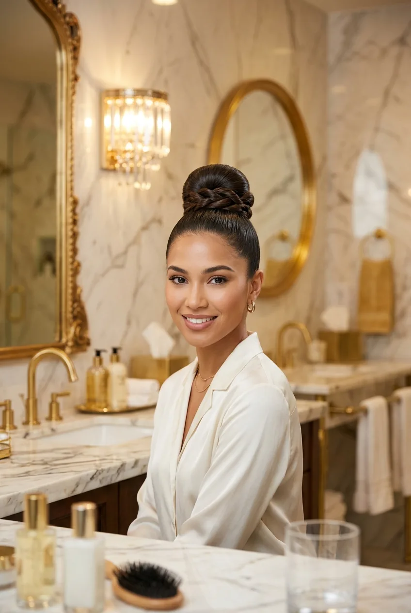 Sleek high bun with twist details showing sophisticated smooth hair styling and high placement