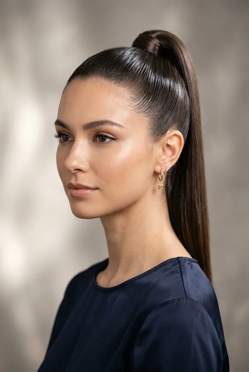 Woman with sleek high ponytail featuring mirror-like shine and wrapped elastic