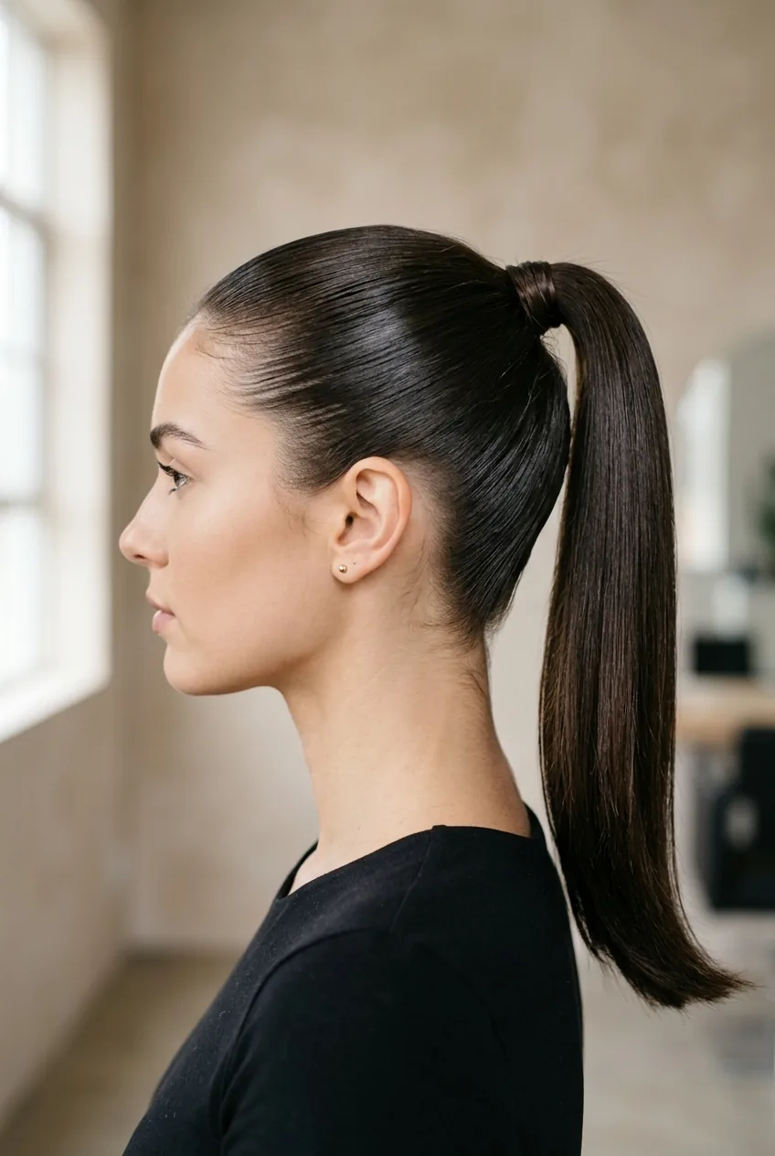 Sleek high ponytail gathered at crown level with smooth glossy finish from side view