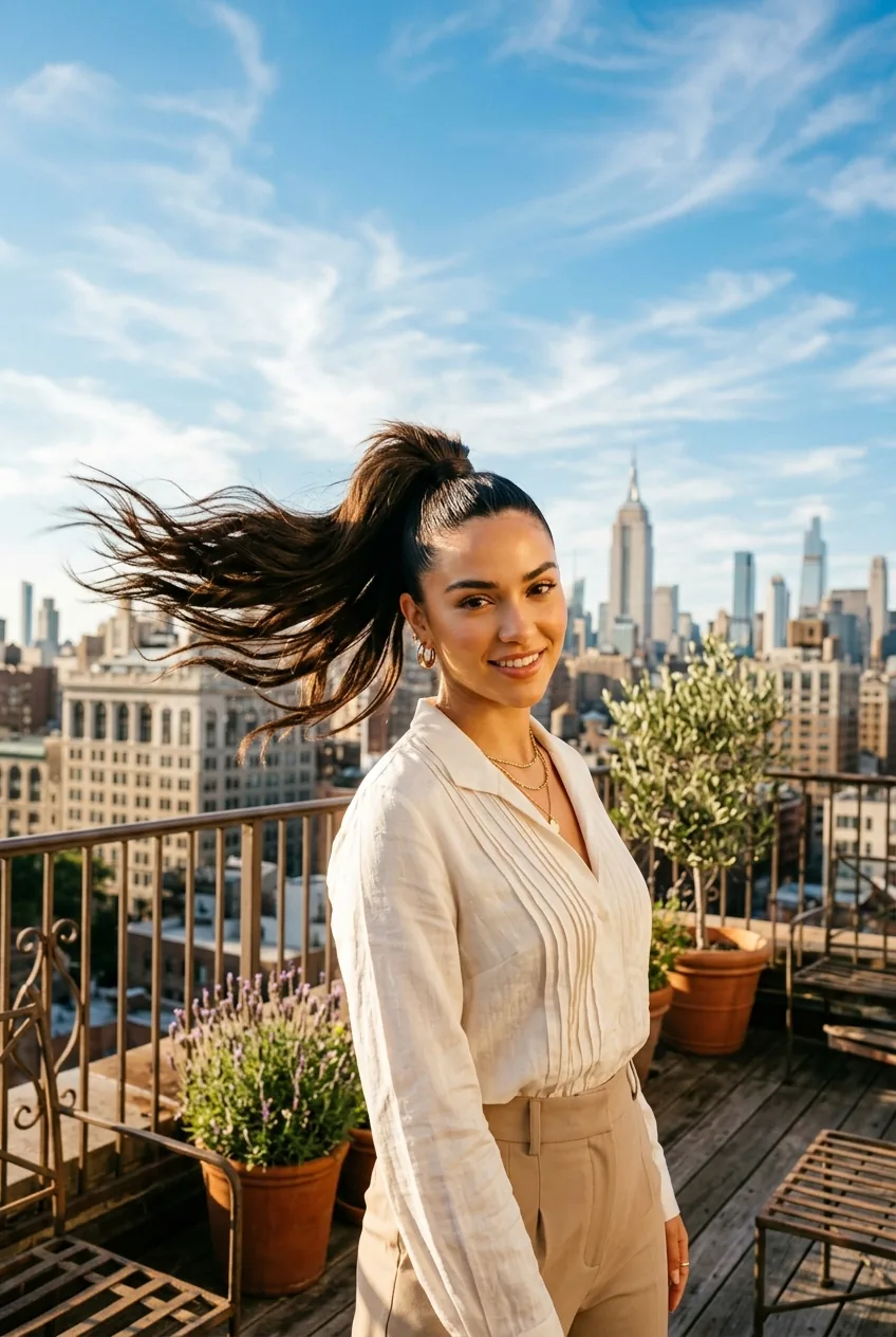 Woman with sleek high ponytail and volume at crown on rooftop terrace