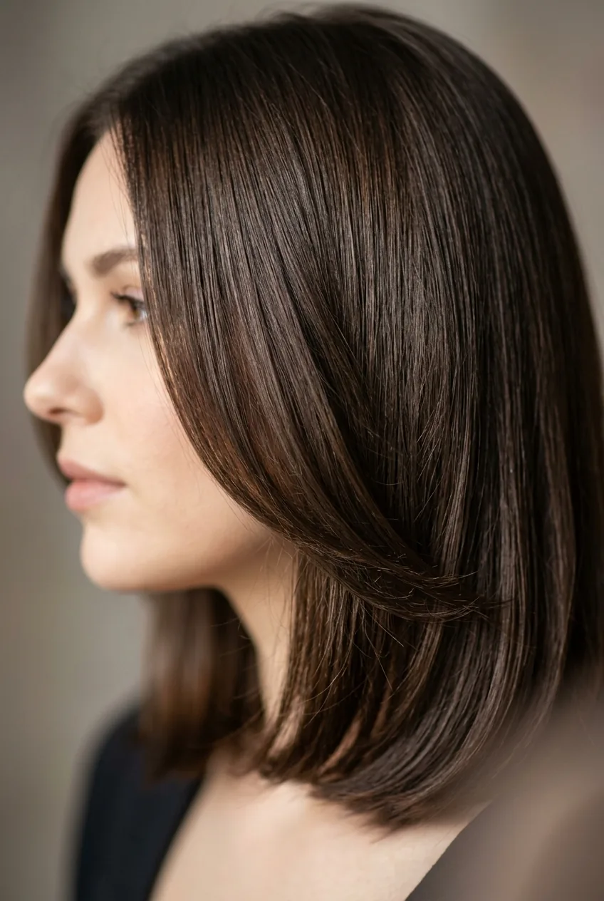 Woman with sleek mid-length hair featuring subtle internal layers and smooth polished finish