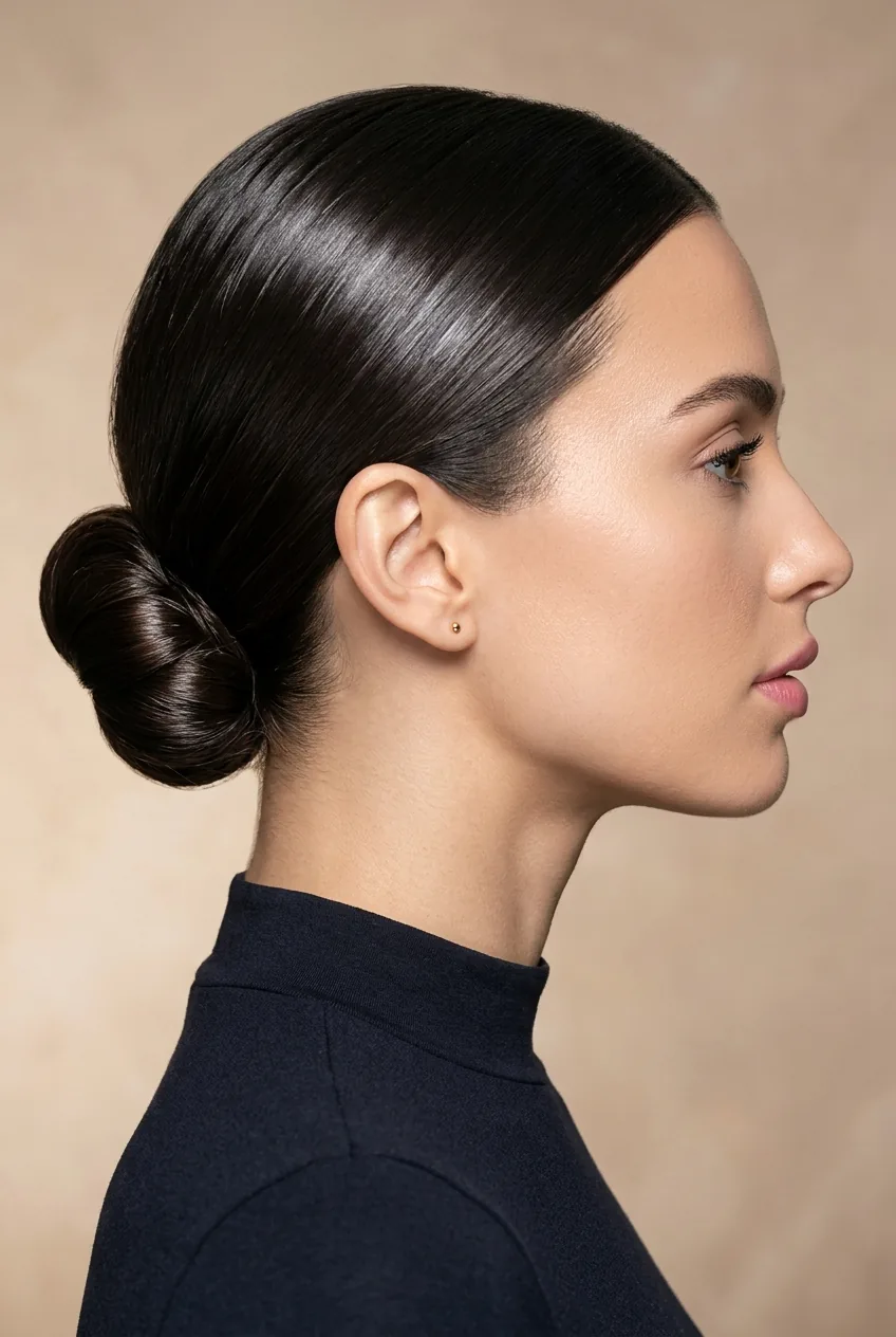 Profile of perfectly smooth sleek low bun with studio lighting emphasizing shine