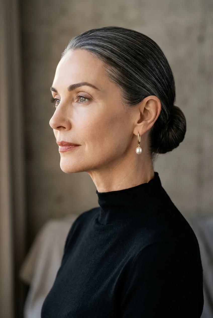 Mature woman with sleek low chignon pulled back perfectly smooth showing elegant neckline