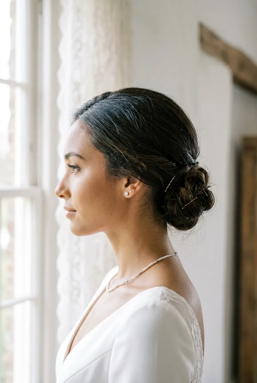 Bride in profile showing sleek low chignon hairstyle with visible texture and styling details