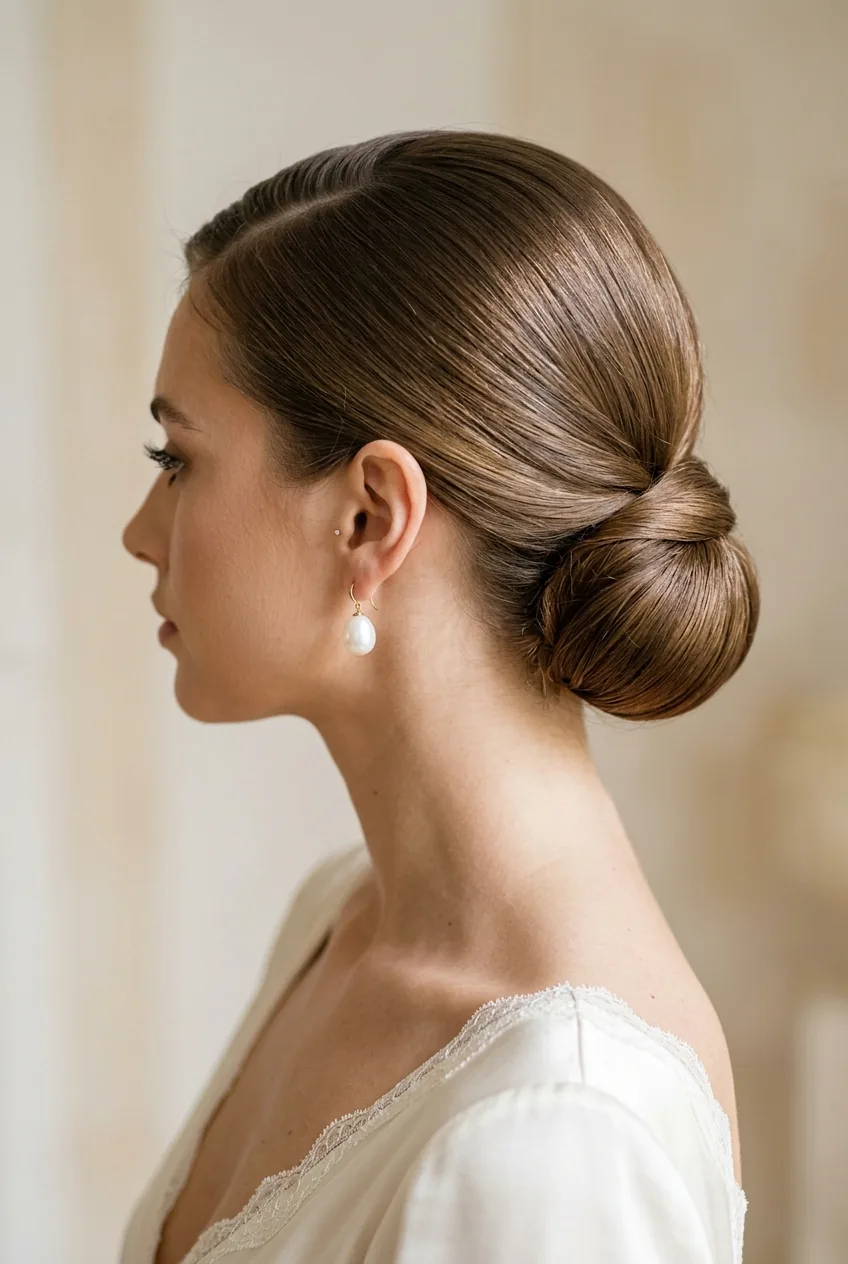 Sleek low chignon hairstyle from side angle showing smooth finish and pearl earrings