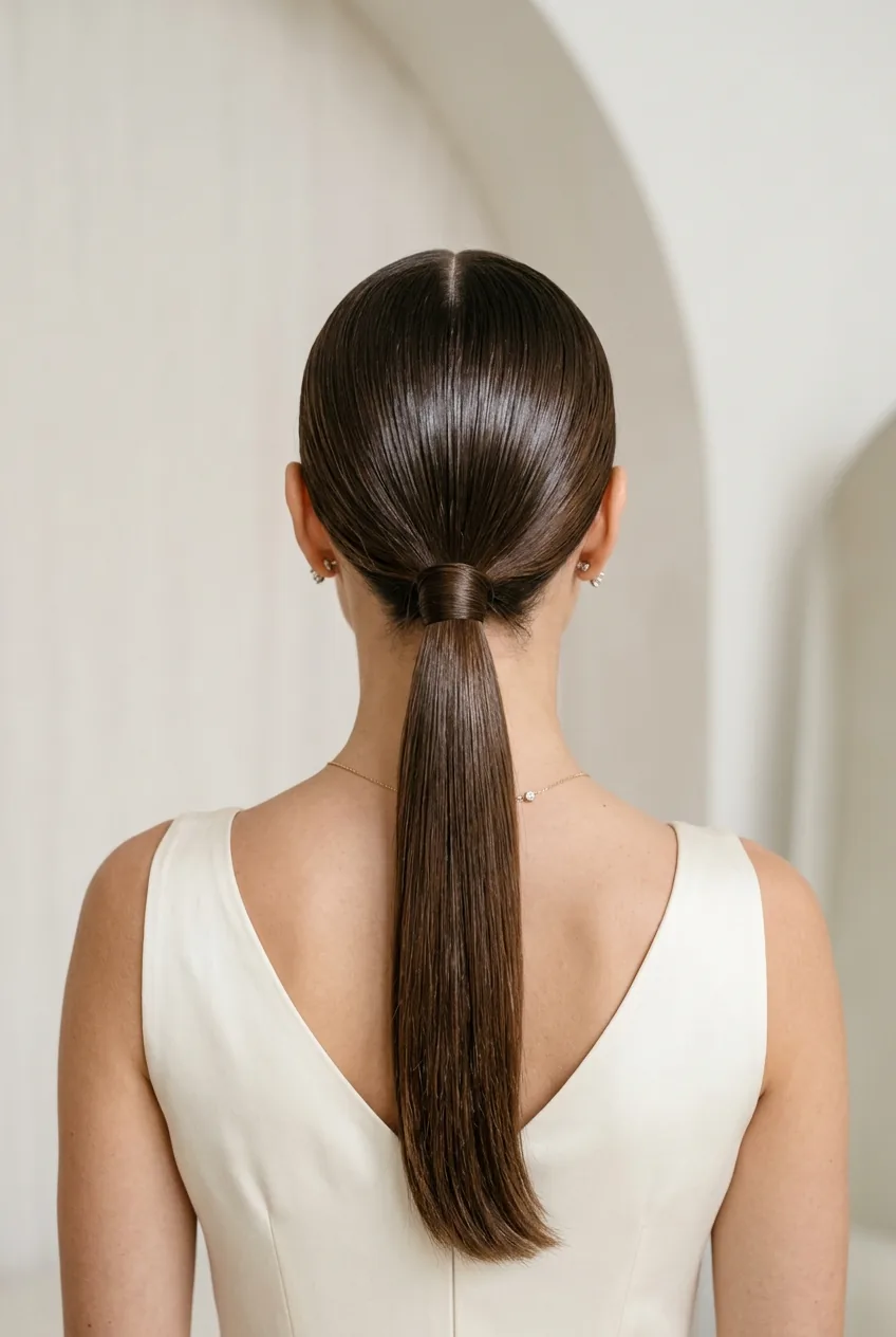 Sleek low ponytail with center part showing glossy polished finish