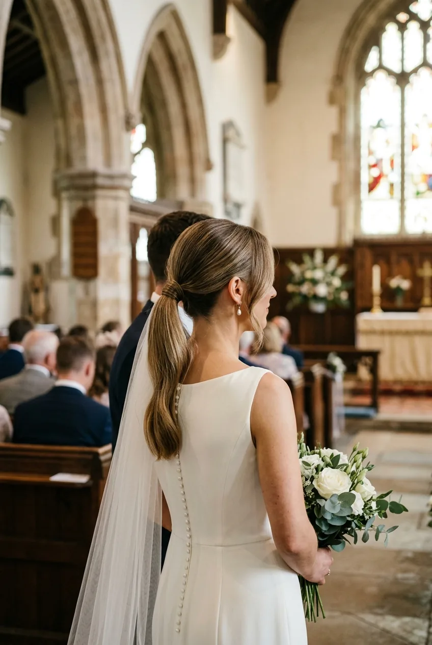 Simple sleek low ponytail wedding hairstyle photographed from behind during ceremony