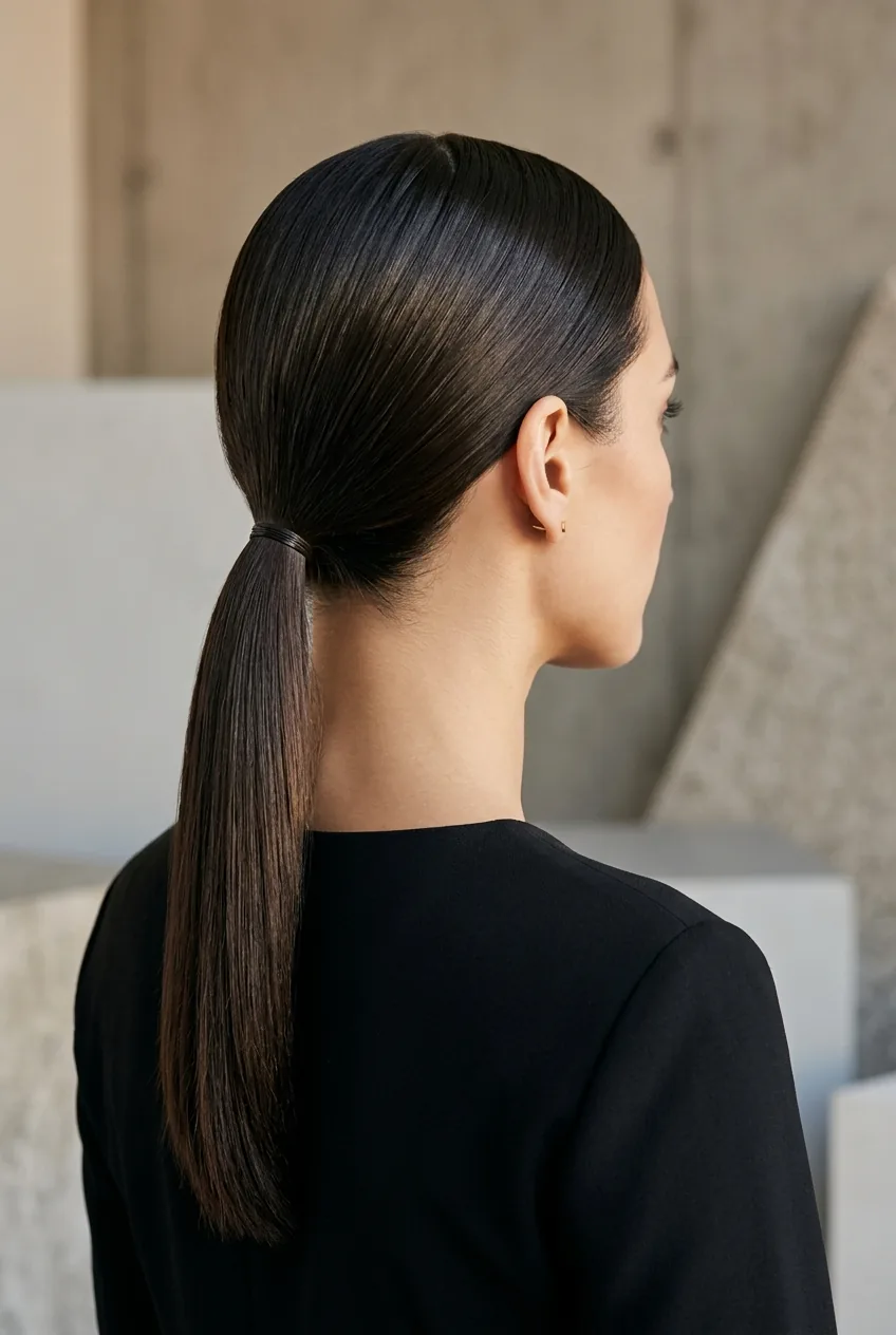 Sleek low ponytail with center part showing modern minimalist wedding styling