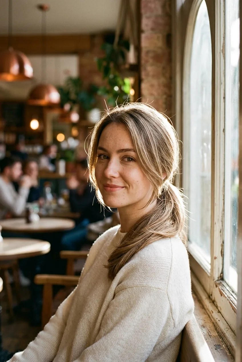 Woman with sleek low ponytail positioned at the nape of her neck in natural window lighting