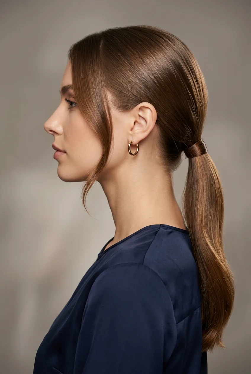 Side profile view of sleek low ponytail with face-framing pieces and smooth finish