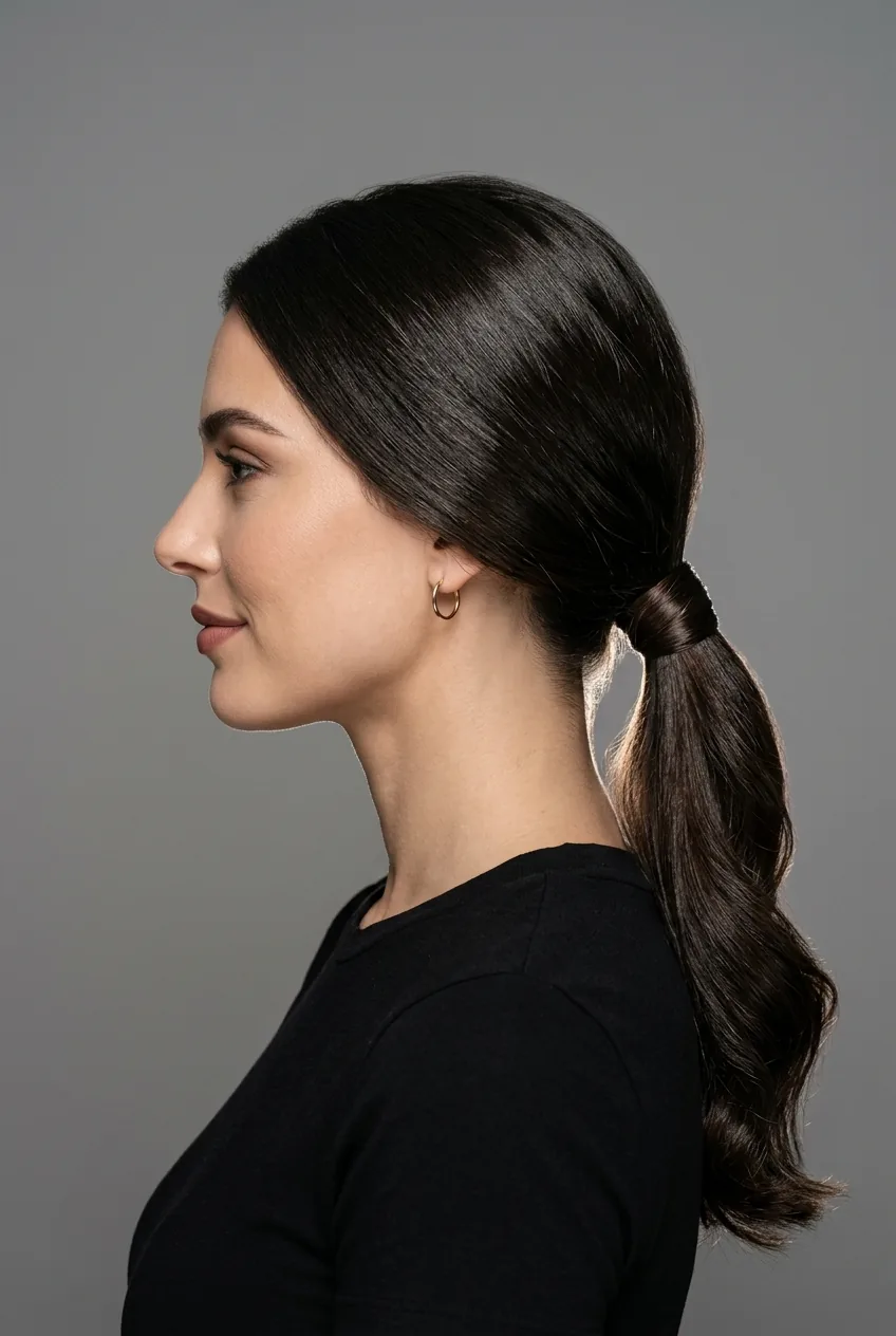 Woman with thick hair in sleek low ponytail with hair wrapped around elastic