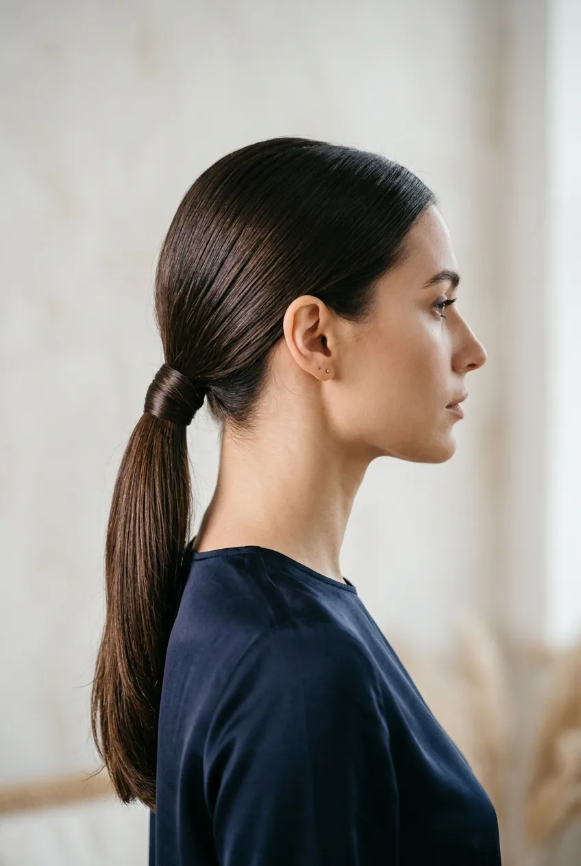 Sleek low ponytail with hair section wrapped around elastic band for polished finish
