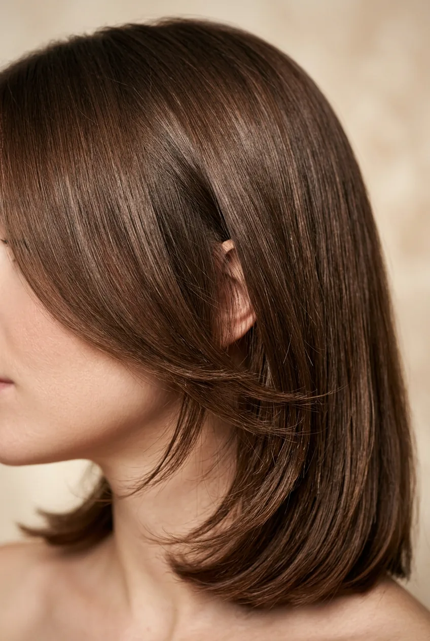 Sleek mid-length hair with subtle layers and smooth finish