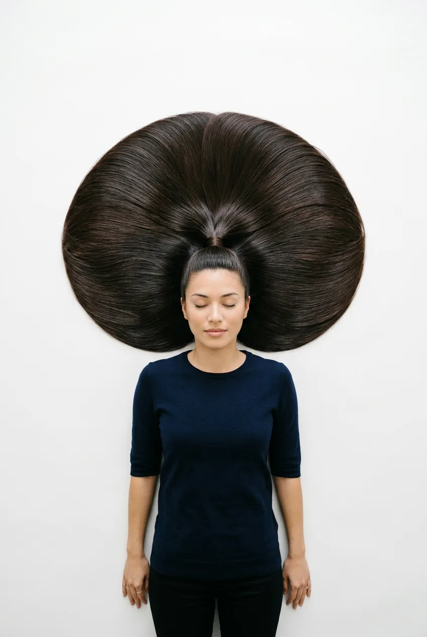 Sleek modern half up ponytail with smooth top section and straight glossy bottom half