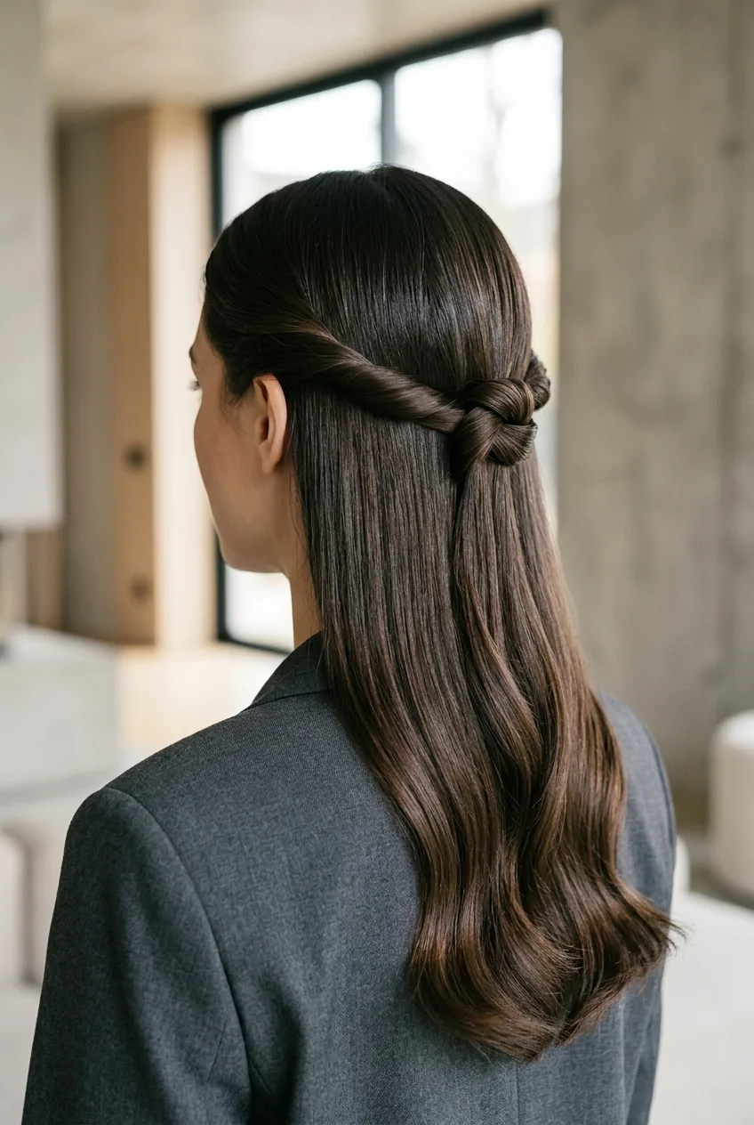 Sleek modern half up wedding hairstyle with clean twisted sections and polished straight waves