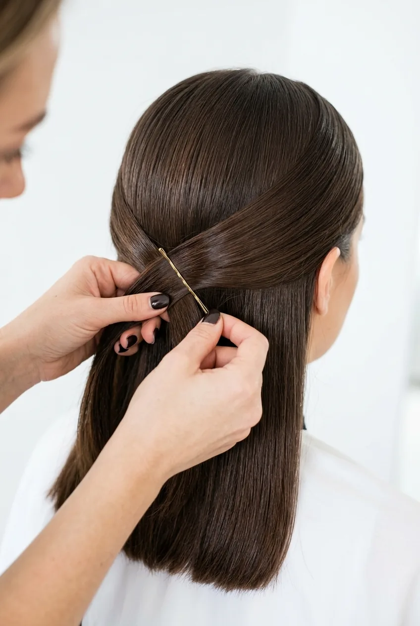 Professional hands inserting bobby pins in X pattern for sleek half-up style