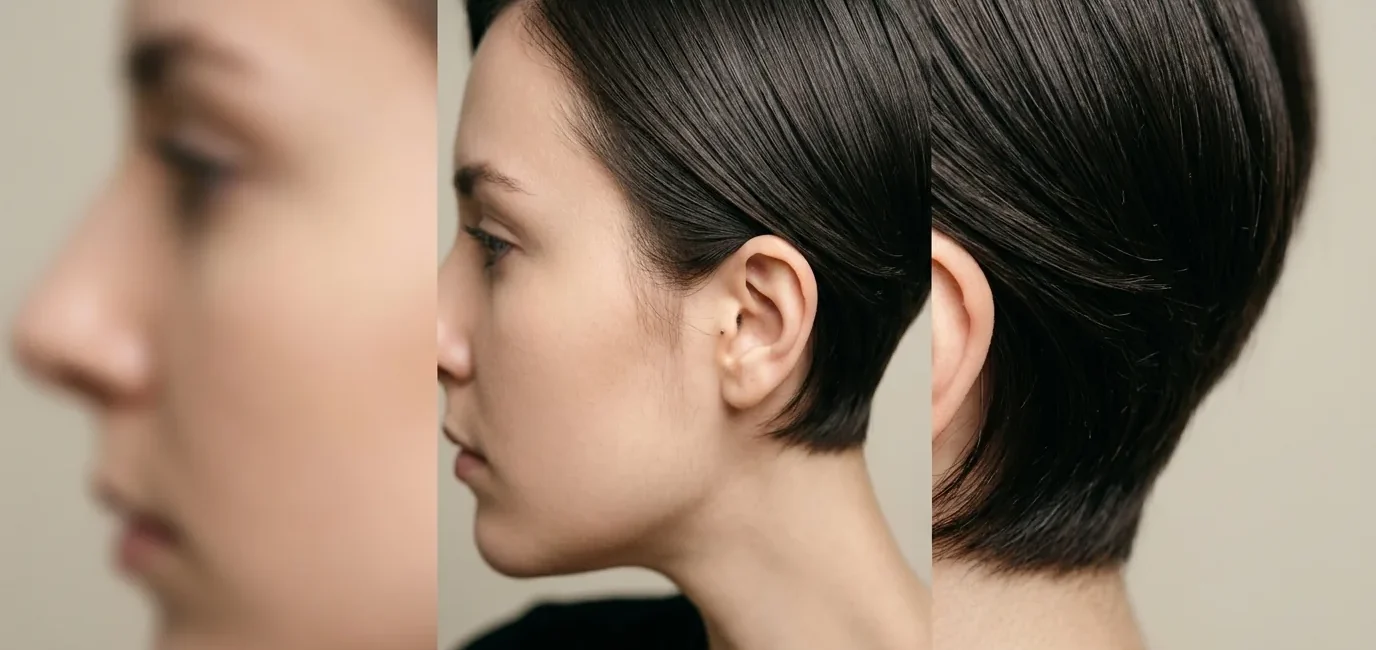 Woman with sleek short pixie cut showing clean lines and smooth texture in studio lighting