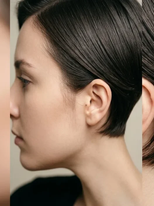 Woman with sleek short pixie cut showing clean lines and smooth texture in studio lighting
