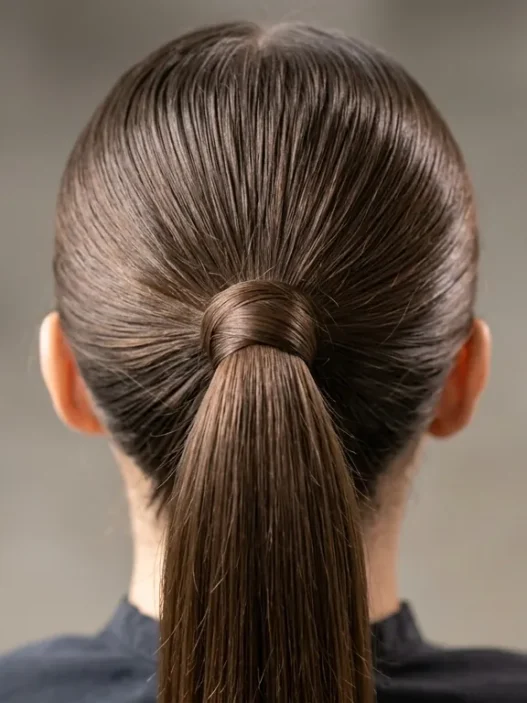 Close-up view of sleek ponytail base showing hair gathering technique and wrapped elastic detail