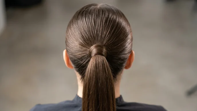 Close-up view of sleek ponytail base showing hair gathering technique and wrapped elastic detail