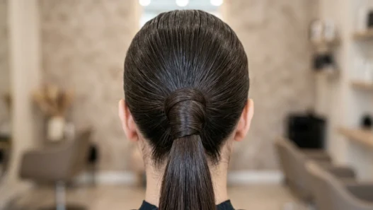 Close-up detail of sleek ponytail base showing hair gathering and wrapping technique with smooth crown tension