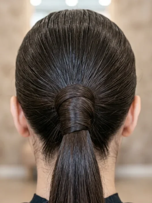 Close-up detail of sleek ponytail base showing hair gathering and wrapping technique with smooth crown tension