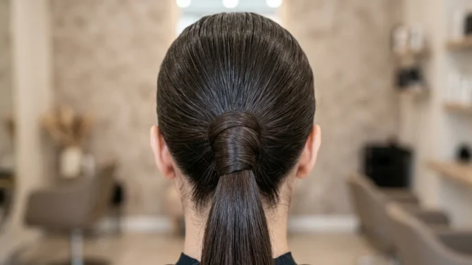 Close-up detail of sleek ponytail base showing hair gathering and wrapping technique with smooth crown tension