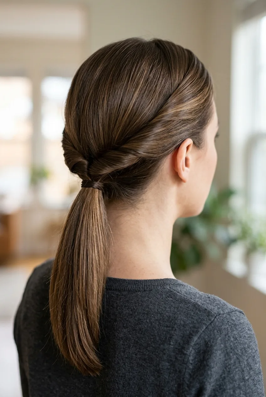 Sleek low ponytail twist half-up style showing smooth twisted sections gathered into polished ponytail