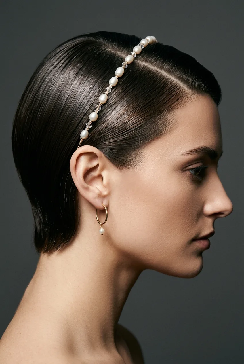 Close-up of sleek short hair with deep side part and delicate pearl hair jewelry