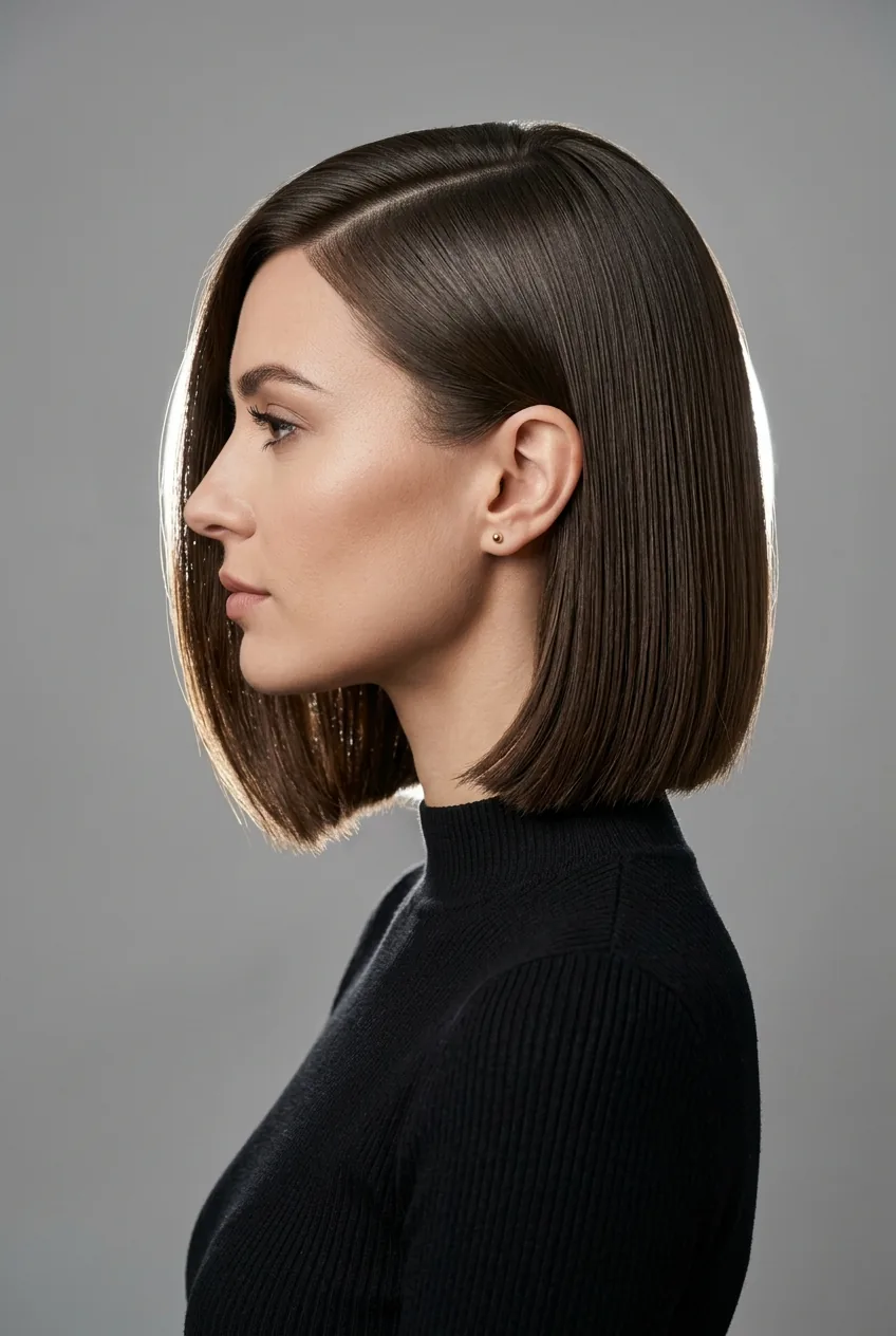 Woman with sleek side-swept bob showing pin-straight hair swept dramatically to one side