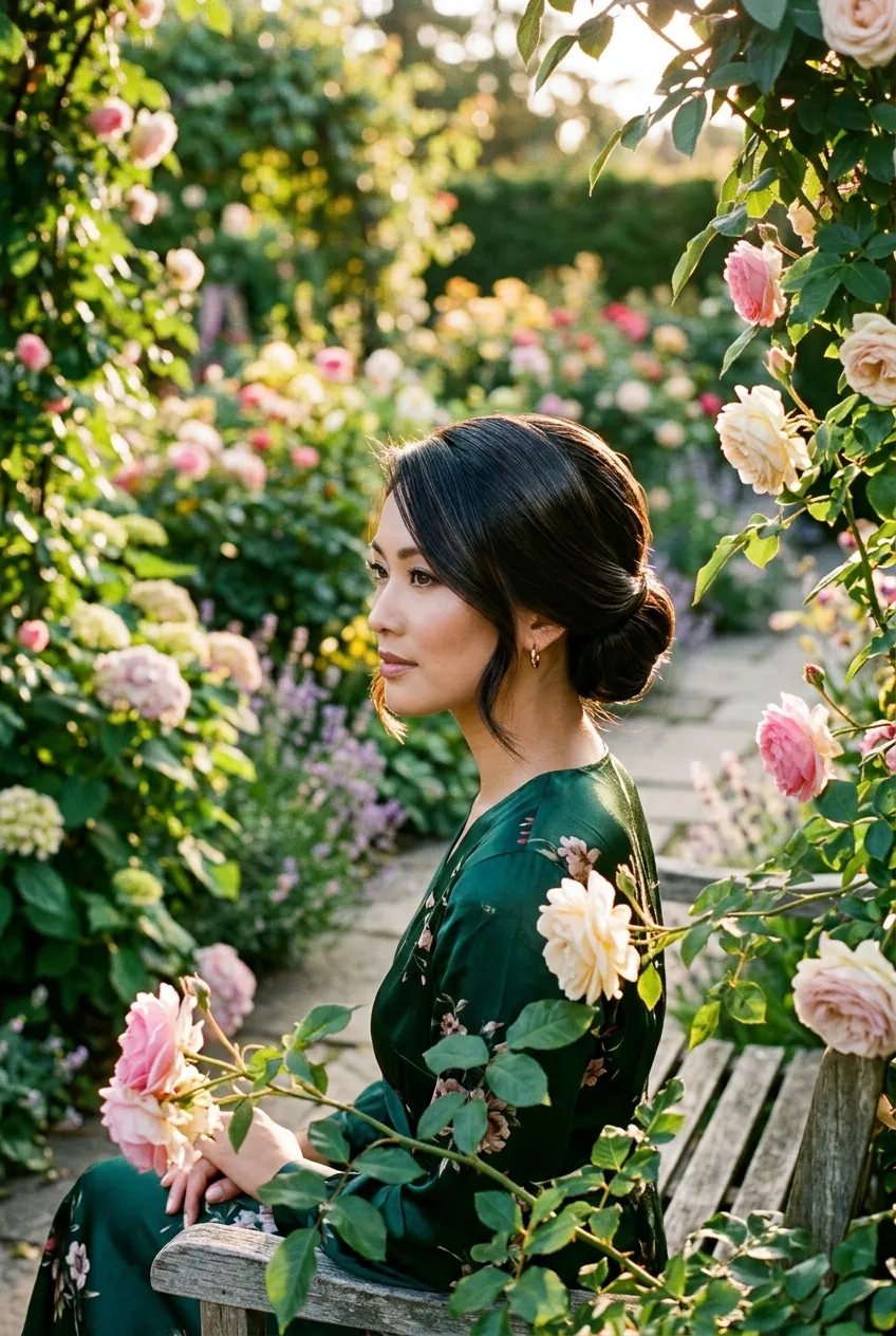 Woman with sleek side-swept updo hairstyle demonstrating smooth polished texture in garden setting